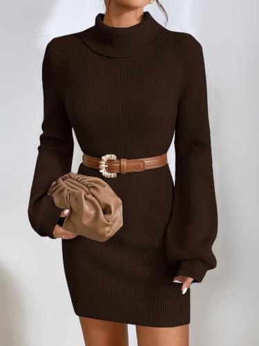 Image of Turtleneck Sweater Dress for Women Lantern Sleeve Mini Bodycon Ribbed Knit Sweater Pullover Short Dresses XS-XXL