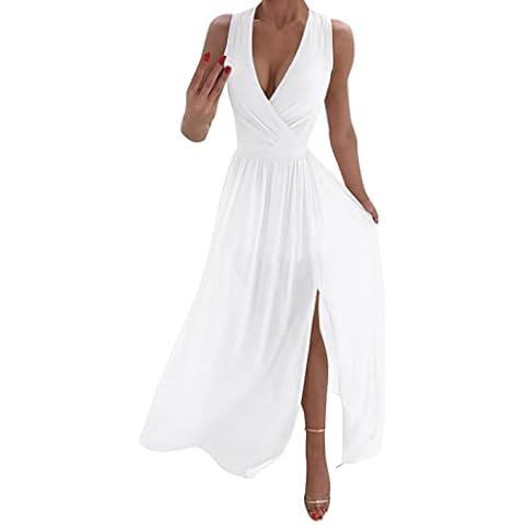 QWERTUR Women Beach Sexy Dresses V-Neck Dress Summer Party Casual A-Line Midi Formal Dress Long Elegant Women's Dress White Cover