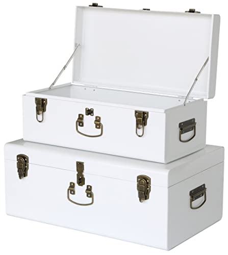 Vixdonos Decorative Metal Box Storage Trunks Set of 2 College Dorm Chest with Handle (White with...