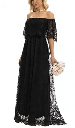 Image of HOYISHION Women's Off The Shoulder Floral Lace Maxi Dress White Bridesmaid Wedding Party Maternity Photoshoot Long Dresses