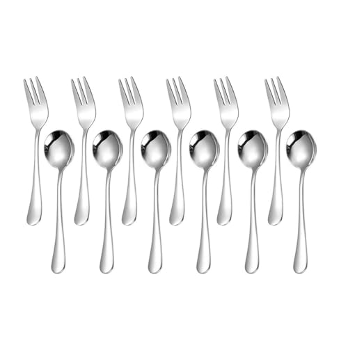 Image of 12-Piece 410 Stainless Steel Dessert Spoon and Fork Set - Cutlery Set (6 Dessert Spoons + 6 Small Forks - Mirror Finished, Rust Resistant - Perfect for Daily Use