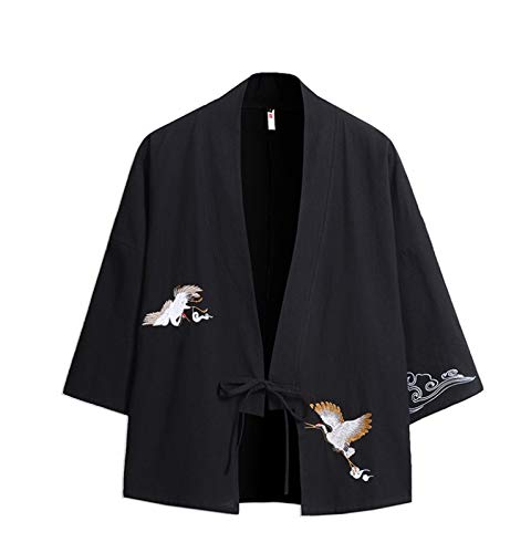 Herren Kimono-Strickjacke, Übergröße, japanischer Kimono-Stil, Kranich-Stickerei, Cardigan, Jacke, Vintage-Stil, lockerer japanischer Yukata-Mantel, Oberteil, Schwarz - XL Cover