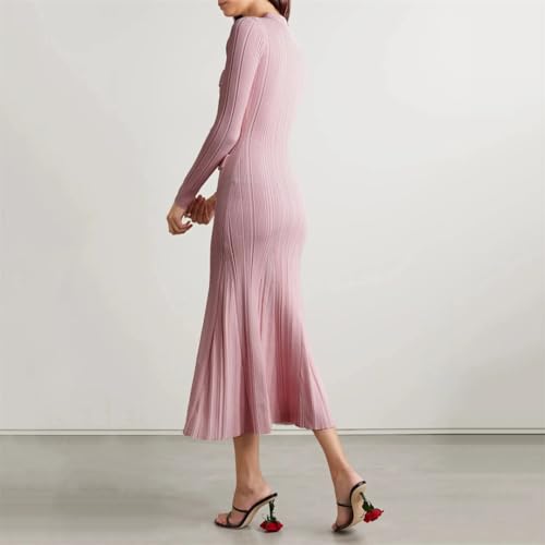 Hndudnff Women's Lapel Slim Fit Knitted Midi Dress Waisted Office Long Dress3