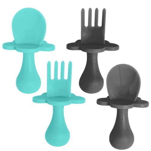 Image of Grabease Baby Self Feeding Utensils Short Training Spoon Fork Plastic Set | 4 Pcs | 2 Spoons 2 Forks | Teal Gray Plastic Set | First Stage Mealtime Learning | Choke Free Toddler Cutlery