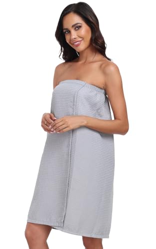Image of Women's Bath Towel Wrap Waffle Spa Body Wrap with Adjustable Closure Quick Dry Lightweight Towel Robes with Pocket, Grey L /XL