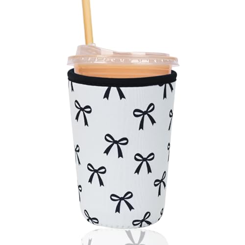 Image of Reusable Insulated Sleeve for Iced Coffee Cup, Coffee Neoprene Sleeve for Cold & Hot Drinks, Beverage Holder for Iced Coffee (Black Bow, Medium: 22-24oz)