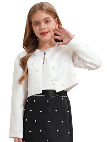 Hularka Kids Long Sleeve Satin Flower Girl Bolero Jacket Faux Pearls Bowknot Shrug Princess Cape Dress Cover Up2