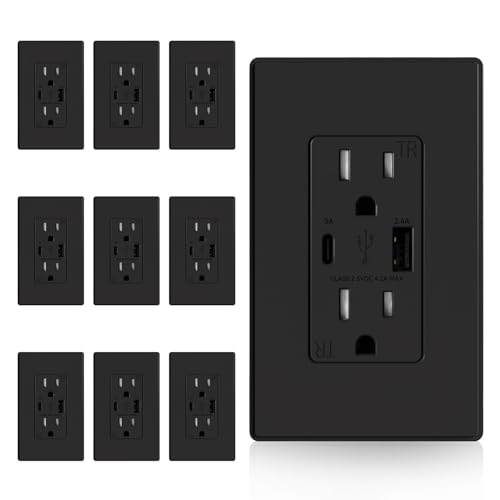 ELEGRP USB Charger Wall Outlet, USB Receptacle with Type A & Type C USB Ports, 15 Amp Duplex Tamper Resistant Receptacle Plug NEMA 5-15R, Wall Plate Included, UL Listed (10 Pack, Matte Black)