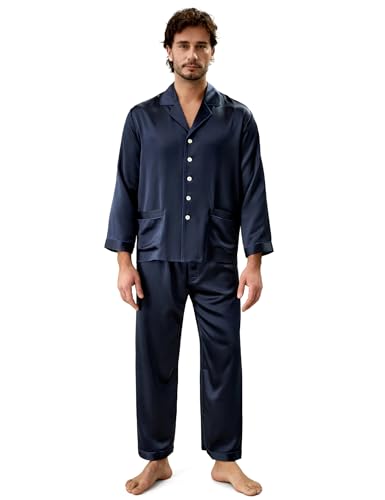 LilySilk 22 Momme Men's Silk Long Pajamas Set for Men 2pc Sleepwear Soft Luxury Real Mulberry Silk