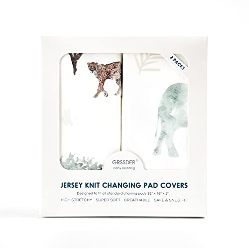 Image of GRSSDER Stretch Ultra Soft Jersey Knit Changing Pad Cover Set 2 Pack, Change Table Pad Covers Fit 32 inch /34 inch x 16 inch Pads Safe and Snug, Stylish Pattern for Boys and Girls, African Savannah Animals