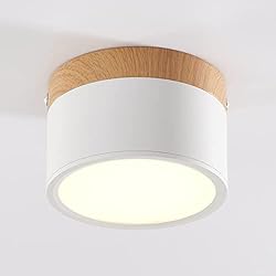 Lampara Pequeña Techo Schindora Plafón LED,foco decorativo de madera montado en superficie,mini plafón,redondo,blanco,blanco cálido 3000 K,12 W.