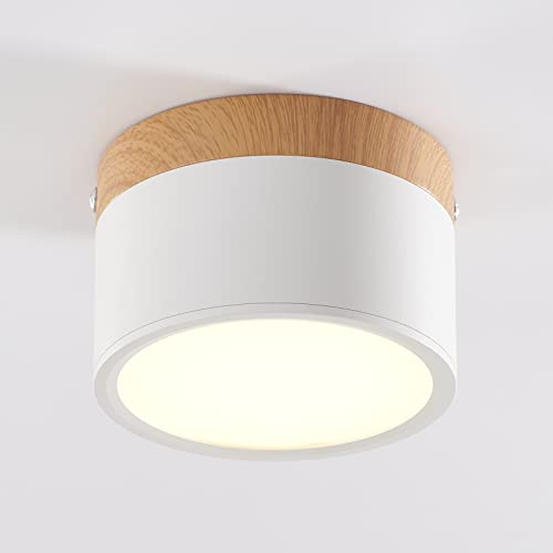 Schindora Plafonnier LED,spot en saillie décor bois,mini plafonnier,rond,blanc,blanc chaud 3000 K,12 W.