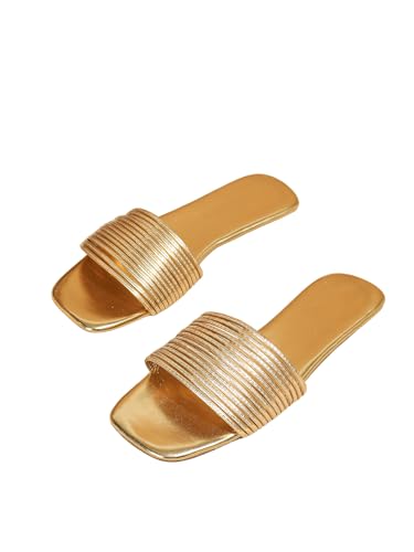 Verdusa Women's Summer Beach Sandals Square Toe Strappy Flat Sandals Slip On Metallic Sandal