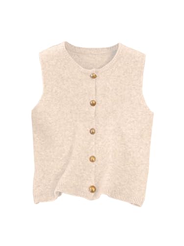 Image of RoseSeek Women's Button Down Sweater Vest Sleeveless Crewneck Knit Outerwear Old Money Knitwear