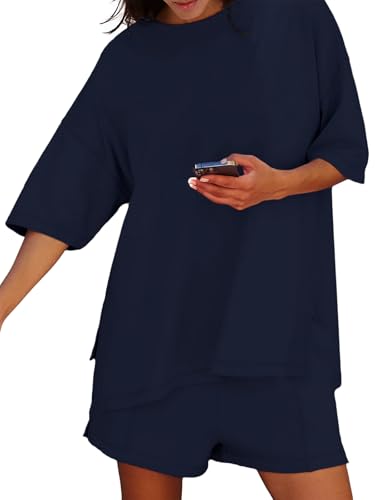 Womens Shorts Sets 2 Piece Outfits Summer 2025 Half Sleeve Crew Neck Cotton Lounge Sets Matching Clothing4