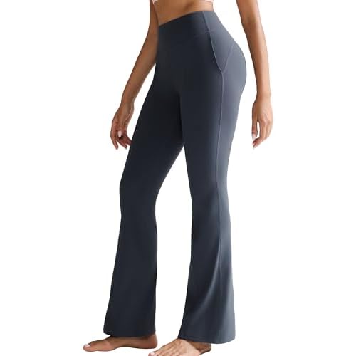 RUNNING GIRL Flare Pants with Pockets, High Waist Yoga Pants Buttery Soft Bootcut Wide Leg Leggings for Women Deep Grey Large