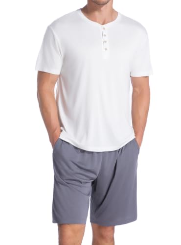 Image of SlumberMee Mens Cooling Pajamas Set Soft Bamboo-like Viscose Short Sleeve Sleepwear 2 Piece Lounge Set for Hot Sleepers