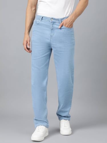 Image of KOTTY Men's Solid Abyssal Anchorfish Blue Button Straight Fit Jeans