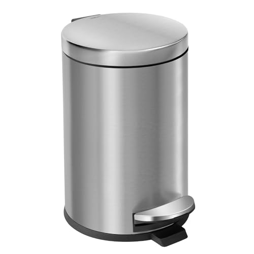 Image of Cesun 1.2 Gallons Small Black Trash Can, Bathroom Garbage Can with Lid and Foot Pedal, Mini Round Wastebasket for Bathroom, Bedroom, Office, 4.5 Liters / 1.2 Gallons, Silver