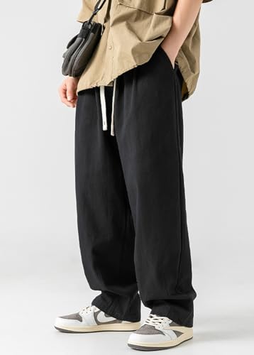 Men's Casual Cotton Pants Loose Fit Elastic Waist Drawstring Twill Straight Leg Chino Pants Tapered Trousers2