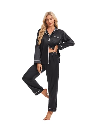 Devirld Women's Classic Long Sleeve Satin Pajamas Set Button Down Silky Sleepwear 2 Piece Lounge Set Pj Set with Notch Collar Black - image 1