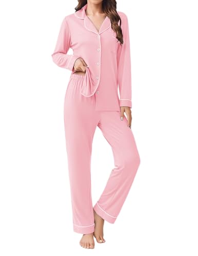 Ekouaer Womens Pajamas Set 2 Piece Button Down Sleepwear Soft Long Sleeve Top and Pants Pjs Lounge Sets Deep Pink L