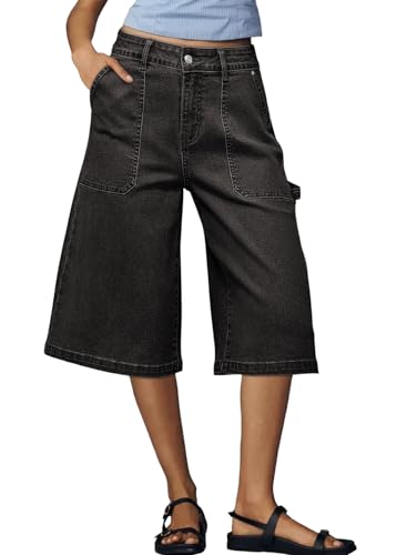 Dokotoo Black Shorts Women High Waisted Stretch Wide Leg Cargo Denim Jean Shorts Casual Below The Knee Length Relaxed Fit Vintage Baggy Pants with Pockets 2026 Summer Outfits Trendy Fashion Clothes