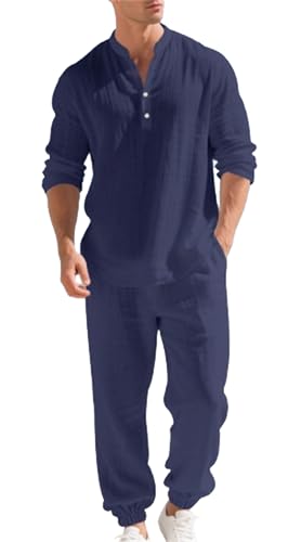 Men's Stylish 2 Piece Linen Shirts Suit Henley V Neck Pants set Retro Soft Casual Wear