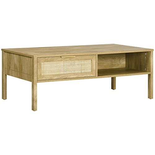 HOMCOM Mesa de Centro Rectangular con nicho de Almacenamiento múltiple y Puertas de cajón Efecto caña ratán Tejido - 110L x 59W x 41H cm Madera Natural