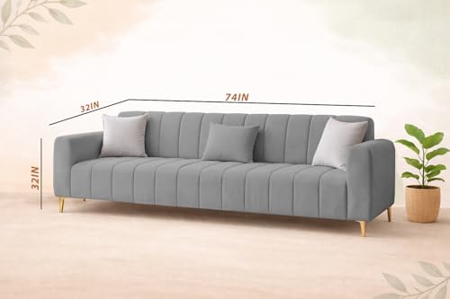 Image of Casaliving Velour Modern Velvet Sofa, Tufted Design Upholstered 3 Seater Sofa Set for Living Room, (Dark Grey Colour) Premium Velvet Fabric Sofa
