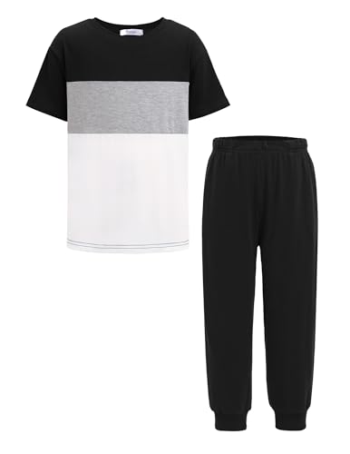 Image of Arshiner Boy's Pants Set - 2 Piece ColorBlock Short Sleeve T-Shirt and Active Pants - Casual Clothing Outfits 5-12 Years