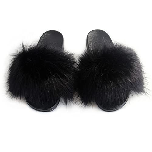 Image of MH Bailment Womens Furry Fluffy Slippers Faux Fur House Slippers Open Toe Fuzzy Slides Soft Flat Slip On Sandals for Indoor Outdoor