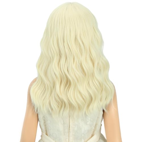 Image of Adult Light Blonde Wig Women Short Blonde Wavy Curly Wigs Adult Wig with Air Bangs Synthetic Cosplay Hair Wigs
