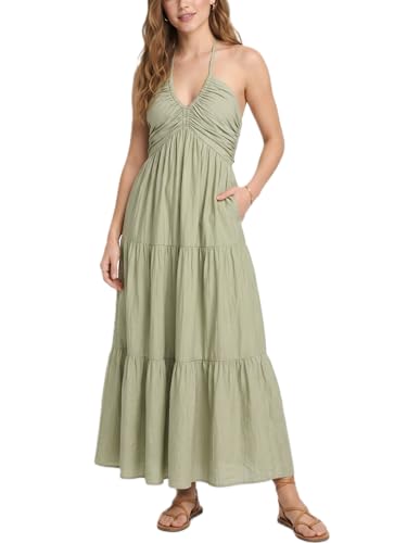 Image of Women's Casual Halter Tiered Vacation Maxi Dress with Pockets