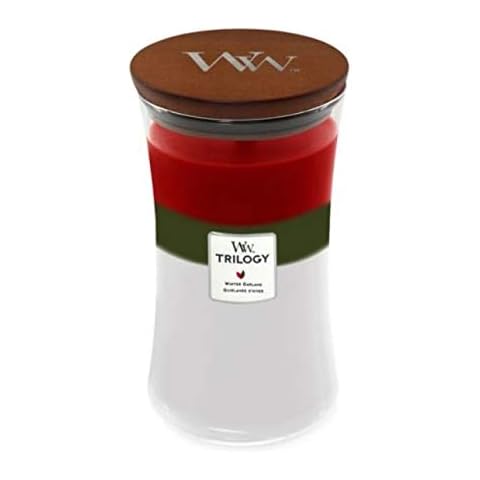 Woodwick Trilogy-Guirnalda de Invierno con Aroma a Bayas y Abeto de Teca Blanca, Reloj de Arena con Mecha de Madera en Cristal Transparente, tamaño Grande Cover