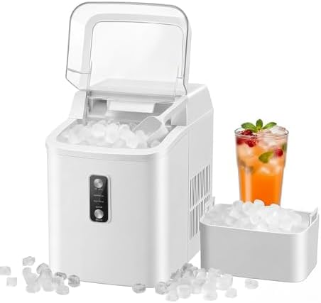 KMFurnila Nugget Ice Maker Countertop, Portable Ice Makers Machine with Removable Basket and Scoop, Self-Cleaning, Quiet, 6-Min Ready, 24lbs in 24Hrs, Visible, for Home, Party, RV, Camping, White