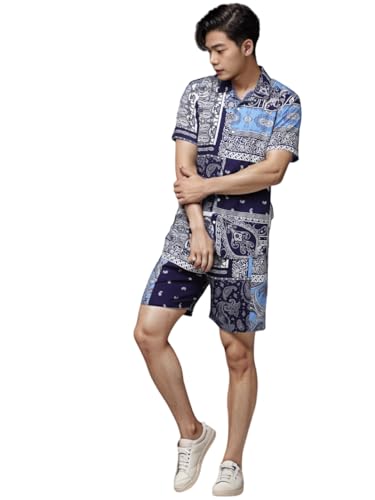 Image of Rigo Men's Rayon Printed Relaxed Night Suit Set Casual Co-Ords Set|Shirt And Short Set