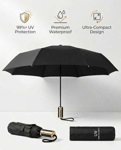 Image of UV Protection Compact Folding Umbrella for Men & Women || Windproof, Waterproof Travel Umbrella with Storage Case || Sun & Rain Protection || Lightweight Portable Umbrella