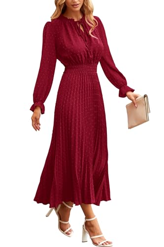 PRETTYGARDEN Womens Pleated Midi Dress Casual Long Sleeve V Neck