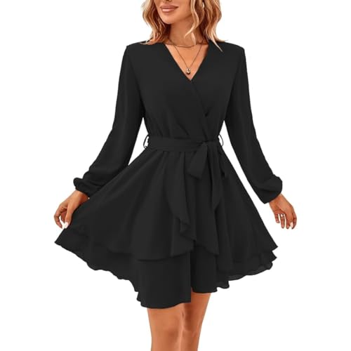 Hanaoops Damen Kleid Langarm Sexy Tiefer V-Ausschnitt Freizeitkleid Einfarbig Rüschen Minikleid A-Linie Elegant Herbstkleid Hohe Taille Wickelkleid...