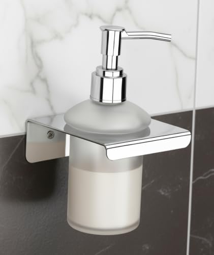 Image of Premium 304 Stainless Steel Wall Mounted Liquid Soap Dispenser with Frosted Glass Bottle | Rustproof Bathroom Hand Wash Pump Holder | Ideal for Kitchen & Bathroom (Extra SD19)