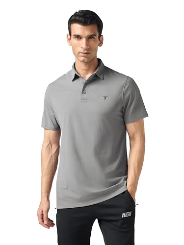 Image of TECHNOSPORT Men's Solid Slim Fit Polo Collar T-Shirt COTFLEX Half Sleeve Button Polyester for Gym Running Workout UPF50+ Anti Odour