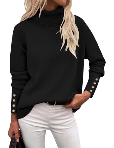 Rapbin Turtleneck Sweaters for Women 2025 Fall Winter Long Sleeve Knit Pullover High Low Hem Sweater with Metal Buttons