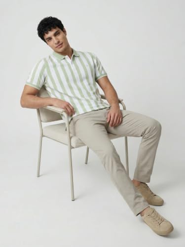 Image of Raymond Men Modern Fit Stripe Pattern Pure Cotton Polo Neck Half Sleeve Casual T-Shirt