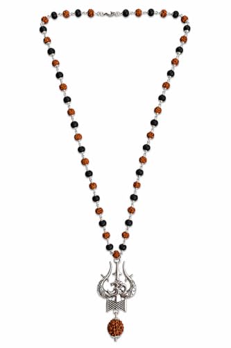 Image of Karungali Rudraksha Mala Original | 7mm 54 Beads with Shiva Trishul OM Damru and 12MM Panchmukhi Rudraksha | Rudraksha Karungali Mala | Karungali Mala with Rudraksha