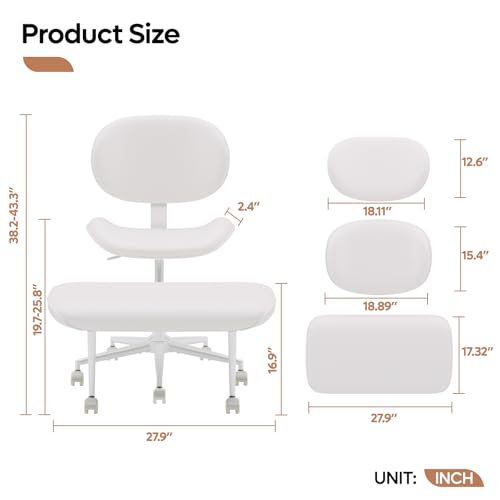 Image of Pinmoco Upgraded Cross Legged Office Chair with Wheels, ADHD Chair for Adults, Wider Height Adjustable Backrest and Seat, Meditation Chair, Ergonomic & Yoga Office Chair, PU Leather, Beige, White