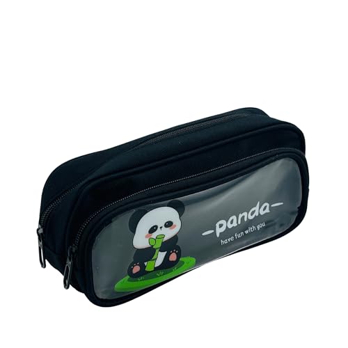 Image of Alokik Enterprise Cute Cartoon Pencil Pouch with Double Zipper & Transparent Window, Large Capacity Fabric Pen Case for School, Office, Students, Kids & Teens (Panda Have Fun with You Black Pouch)
