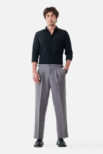 Image of SNITCH Men Casual Trousers | Relaxed Fit with Turned-Up Cuffs & Solid Pattern | Cotton Blend Fabric with Medium Stretch for Summer & Everyday Wear
