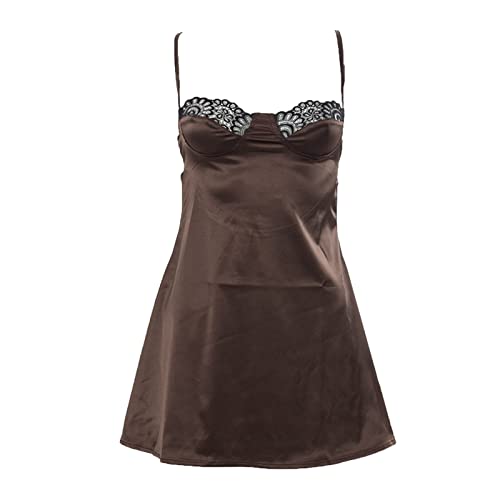 Camisón sexy de satén para mujer, de corte bajo, espalda descubierta, con tirantes delgados, acampanado, para el día de San Valentín, Marrón, L