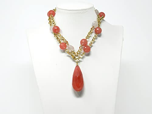 Collier long en quartz rose et quartz cherry d'exception